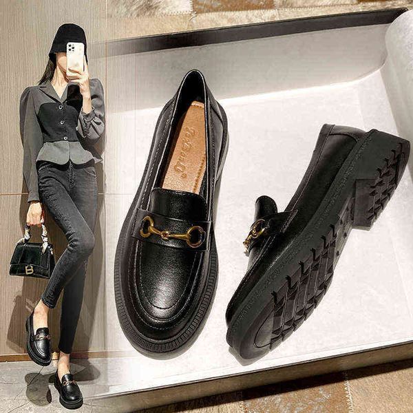 

dress shoes women designer british style small leather shoes classic square buckle platform loafers chunky heel sandals 220309, Black