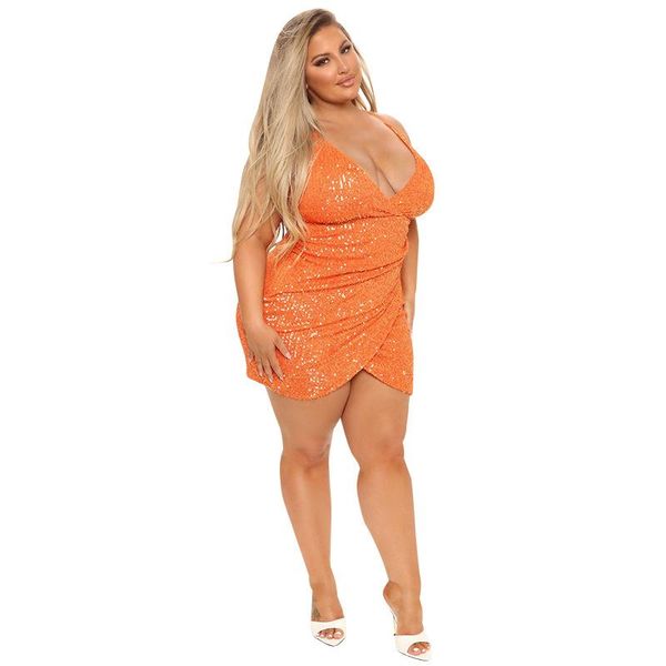 

plus size dresses sequins sling v-neck mini dress sleeveless open back skirt women clothing elegant party club wear, Black
