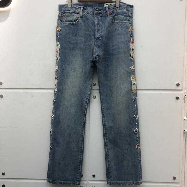 

fashiondemon kapitalman hirata hehong retro gem twist nail skin stitching washed used jeans men's loose straight pants, Blue