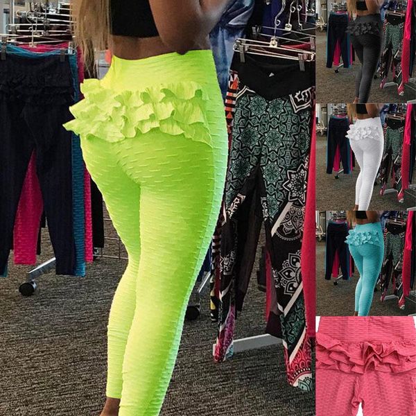 

women's pants & capris 2021 candy color fitness leggings flounces hips patchwork sporting women wrinkle solid high waist casual, Black;white