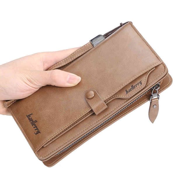 

baellerry 2021 new long pu leather casual clutch wallets for man with handle strap,male large capacity cell phone wallet, Red;black