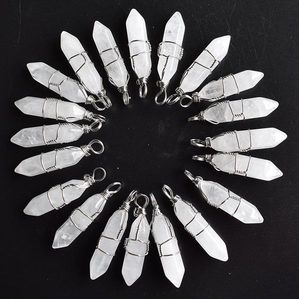 

silver copper wire natural stone white crystal charms hexagonal healing reiki point pendants for jewelry making, Bronze;silver