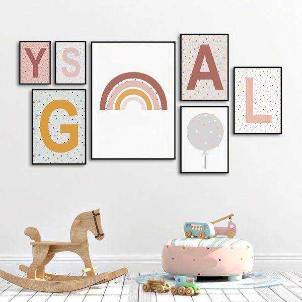 

modern initial rainbow letters a and n wall art pictures posters boho style girl boy canvas painting kids room home decor paintings