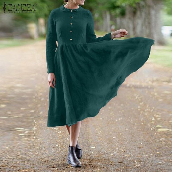 

casual dresses zanzea vintage cotton linen sundress women autumn long sleeve solid dress plus size robe femme retro kaftan mid-calf vestidos, Black;gray