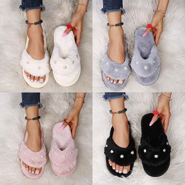 

slippers home women's string bead slides rubber flip flops flock flat shoes female pantofle med fur sliders massage hawaiian 202, Black