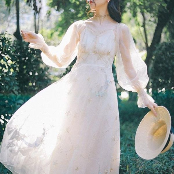 

casual dresses elegant vintage midi dress women mesh embroidery french ruffles fairy autumn long sleeve korean party for 2021, Black;gray