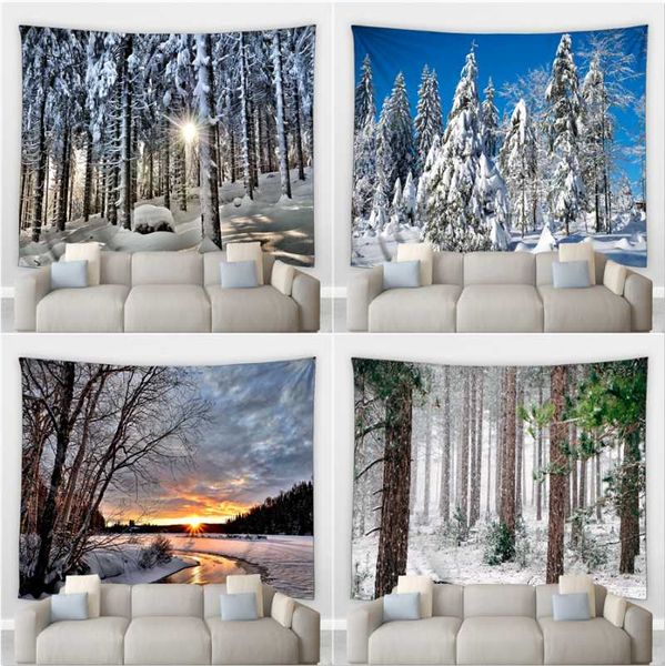 

tapestries winter forest scenery hippie tapestry white snowfield ice river pine tree living dinning room patio decor wall hanging blankets