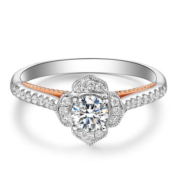 

au585 white gold ring women wedding anniversary engagement party flower vintage 4 claw round moissanite diamond elegant cluster rings, Golden;silver