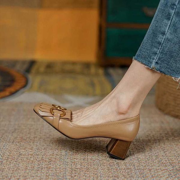 

dress shoes 8cm 2021 spring autumn casual women high heels square toe tassel buckle elegant party lady pumps size 34, Black