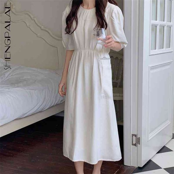 

minimalist white pocket dress women's summer round neck folds waist puff short sleeve mid-calf dresses tide 210427, Black;gray