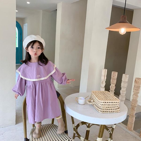 

pure cotton big turn-down collar long dress for girls 2021 fashion 3 colors lace patchwork reversible loose dresses girl's, Red;yellow