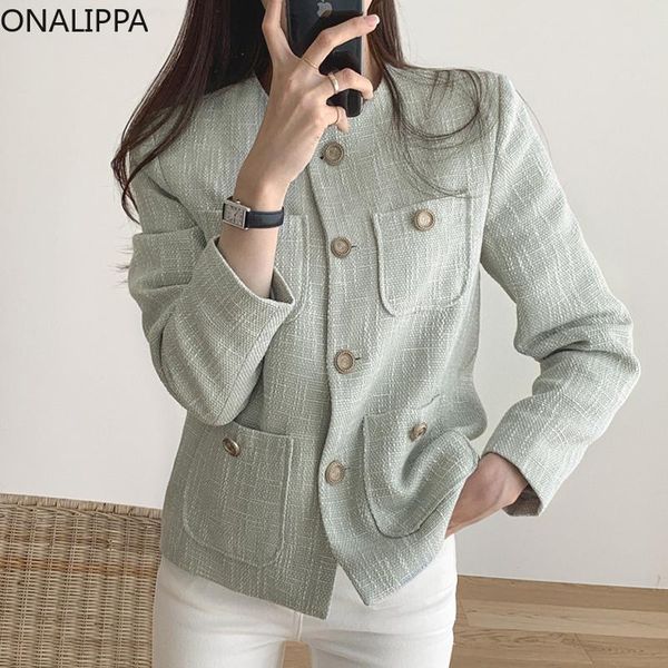 

women's jackets onalippa female multi-pocket design jacket french temperament round neck chic single-breasted loose long-sleeved tweed, Black;brown