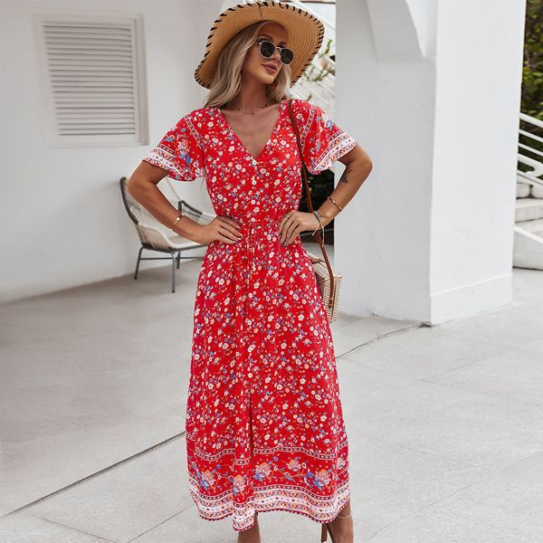 

summer print dress 2021 new butterfly sleeve v neck slim long floral dresses for women casual holiday style, Black;gray