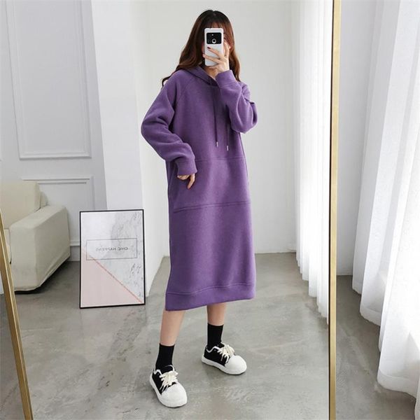 

casual dresses sweater hooded dress women autumn winter thicken warm straight female large size loose midi vestidos, Black;gray
