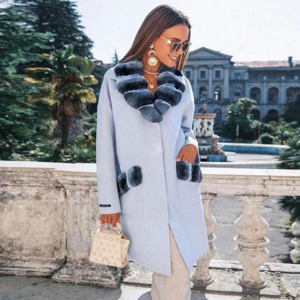 

women's fur & faux fashion long wool blends coat with rex turn-down collar natural women genuine overcoats luxury female, Black