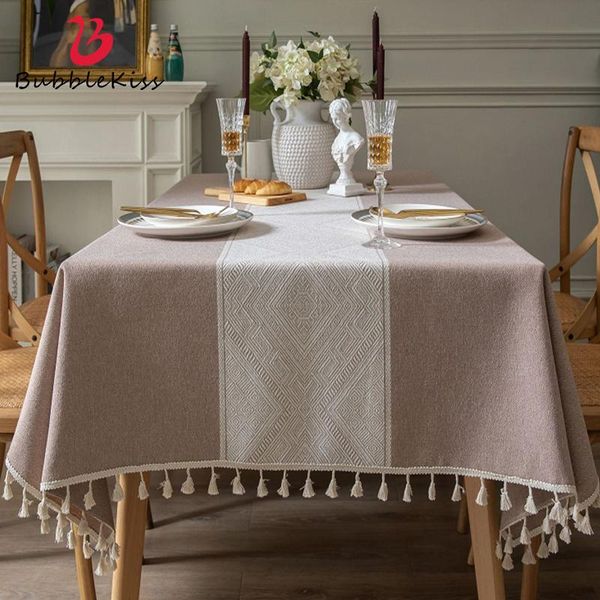 

solid decorative linen tablecloth with tassel waterproof thicken rectangular wedding dining table cover tea cloth 2021