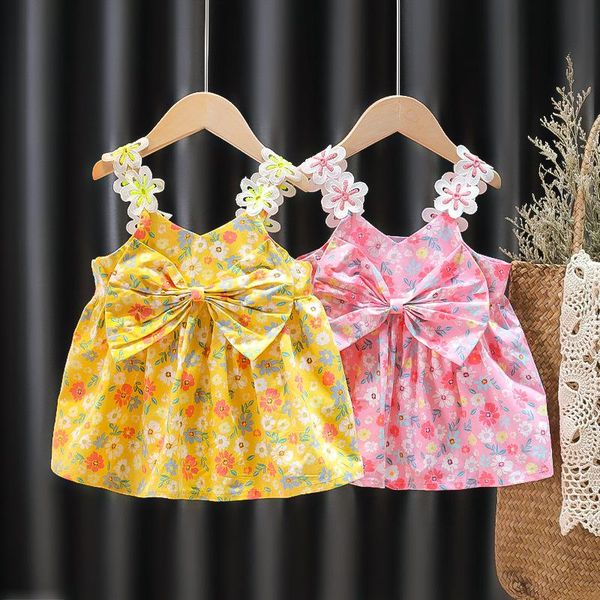 

girl's dresses 1-3 years baby girls sleeveless flower print toddler kids clothes summer bowknot princess party vest dress outfits, Red;yellow
