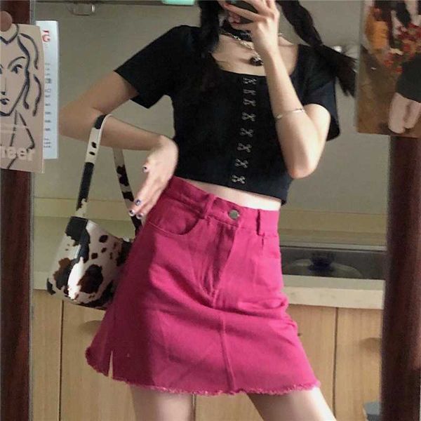 

and spring summer dragon fruit color denim skirt for women, Black
