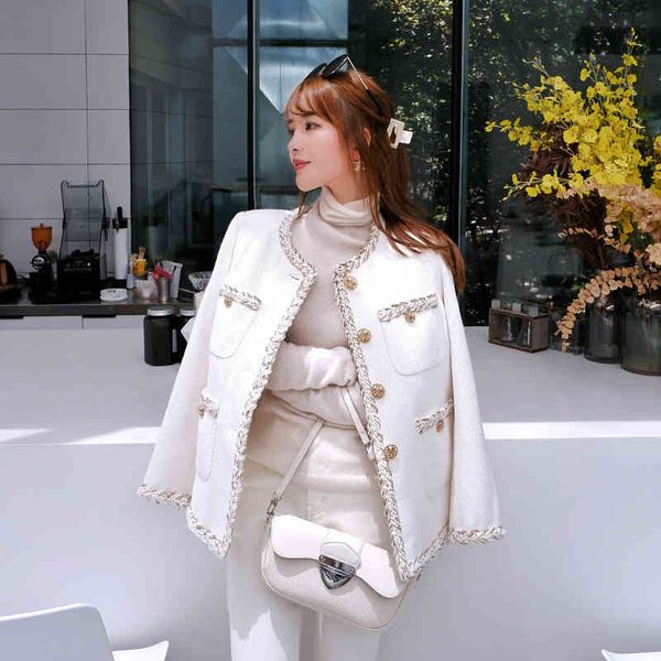 

wool autumn winter coats women brand designer round neck single breasted pockets wool coat white tweed jacket female outwear, Black