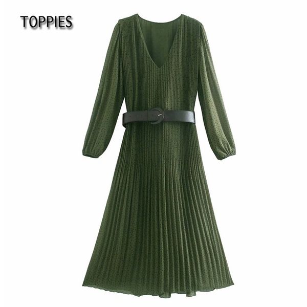 

fashion v-neck pleated print midi dress long sleeve belt army green women chiffon dresses korean 210421, Black;gray