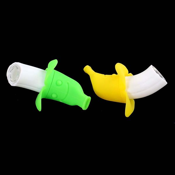 Bong per sigarette tenuto in mano con pipa in silicone a banana con piccola ciotola di vetro