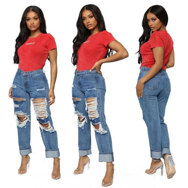 

ripped jeans pant women casual denim straight pants high street trousers women's, Blue