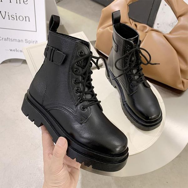 

boots black leather combat women 2021 fashion platform ankle punk gothic shoes woman lace up riding motorcycle