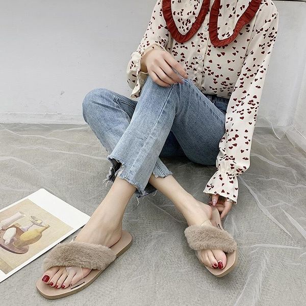 

slippers 2021 autumn furry women fashion korean fur cross flat outer shoes, Black