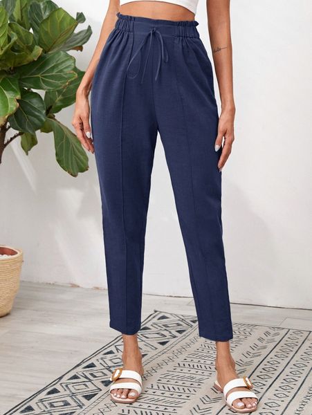 

knot front elastic waist seam front pants p2z4#, Black;white