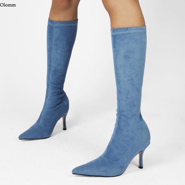 

boots olomm fashion women autumn knee flexible stiletto heel pointed toe sky blue yellow beige camel shoes size 35-45, Black