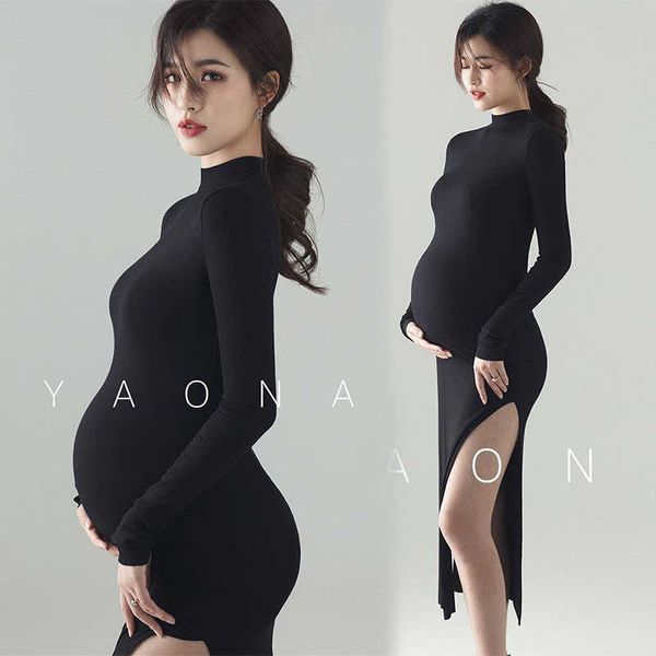 

dvotinst women pography props maternity dresses pregnancy black full sleeve knit slim dress studio poshoot clothes 210726, White