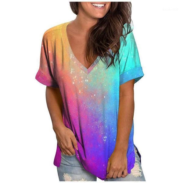 

women's t-shirt womens fashion t-shirts with short sleeve plus size gradient color v-neck fold harajuku casual camisetas de mujer, White