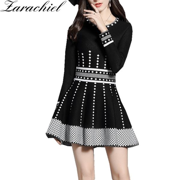 

autumn winter long-sleeve striped pattern fit and flare women elegant slim knit dress party vestidos 210416, Black;gray
