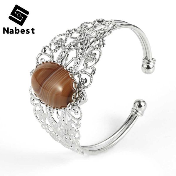 

women natural coffee onyx labradorite oval gem stone open bangle green tanglin lapis lazuli charm hollow flower bracelet jewelry q0719, Black