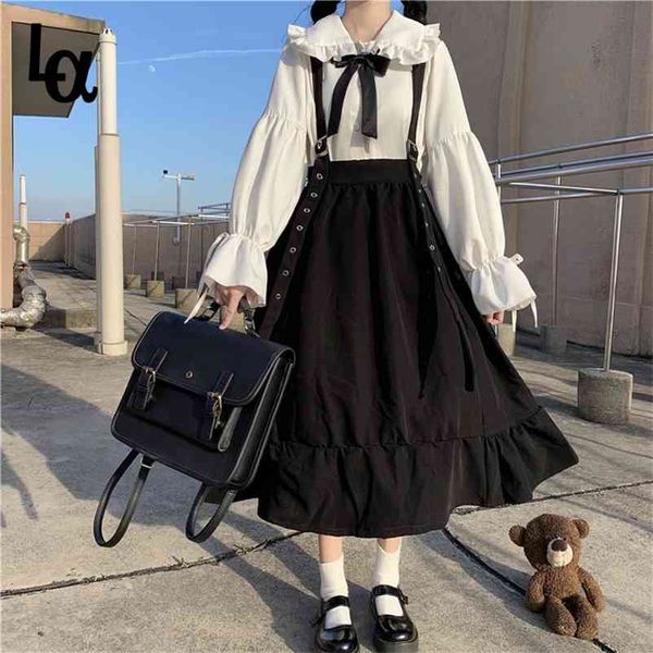 

japanese college high waist show thin black mid-length ruffled student fairy dress party lolita sweet doll 210519, Black;gray