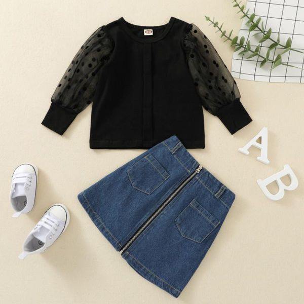 

clothing sets 2pcs toddler baby girls clothes, long sleeve crew neck dot printed mesh + zip up denim skirt outfits summer clothes, White