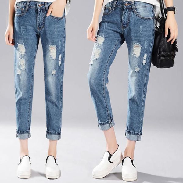 

spring autumn denim pants blue jeans women loose broken ankle length high waist plus size trousers women's