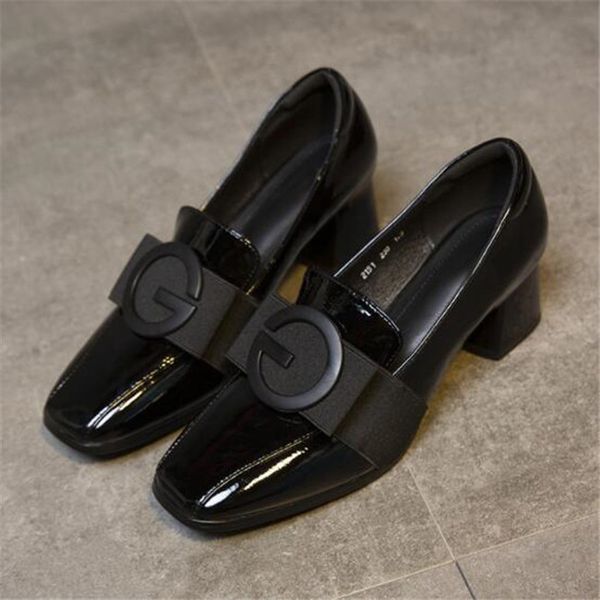 

fashion women pumps patent leather dress shoes spring autumn high heels boat shoes square toe ladies shoe zapatos muje, Black