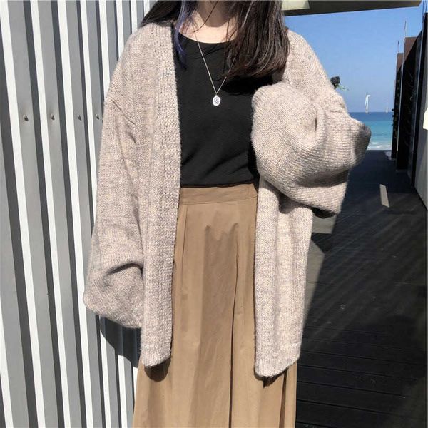 

autumn winter women's loose long sleeve korean knit sweater cardigan coat thick women cardigans 210601, White