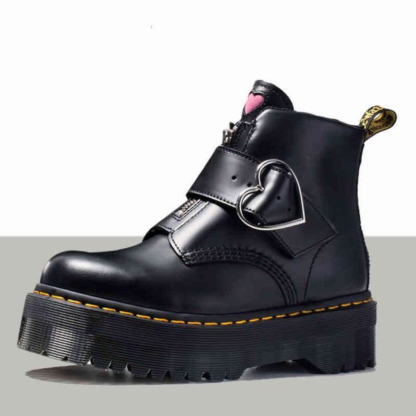 

dress shoes peach heart medium-sized women's leather buckles short boots girl fashion tight british thick pcb6, Black
