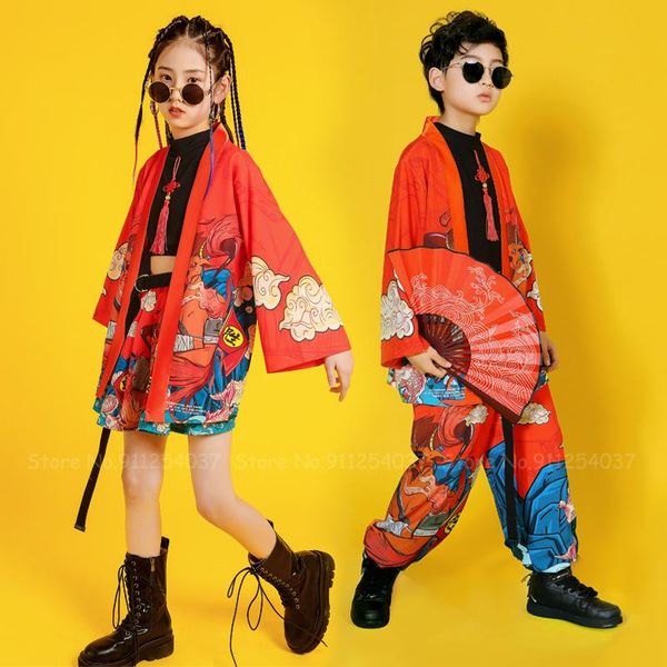 

ethnic clothing children hip hop jazz dance suit fashion boys girls chinese style hanfu set kimono robes kids catwalk stage performance cost, Red