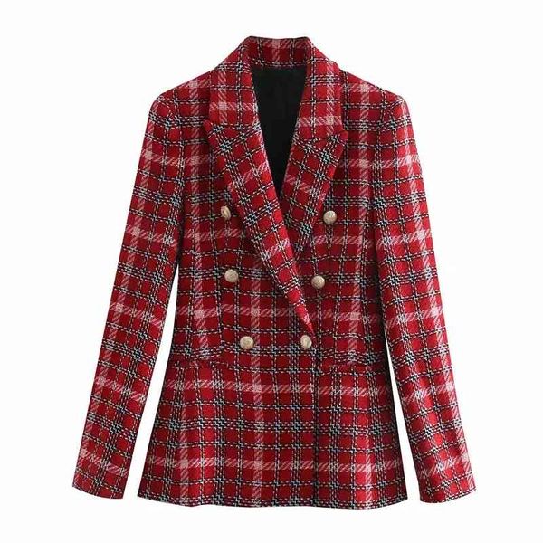 

women's jackets vintage elegant red plaid double breasted tweed jacket women fashion lapel collar pockets coat female chic streetw, Black;brown