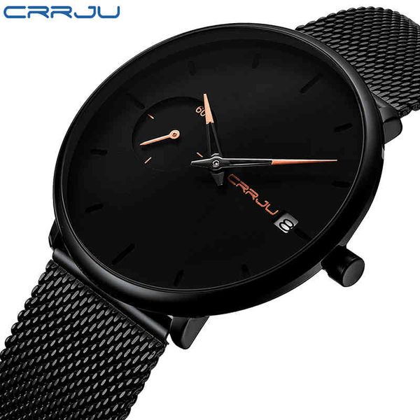 

crrju watch men fashion simple quartz watches men's stainless steel mesh band casual sports wrist watch date analog male clock 210517, Slivery;brown