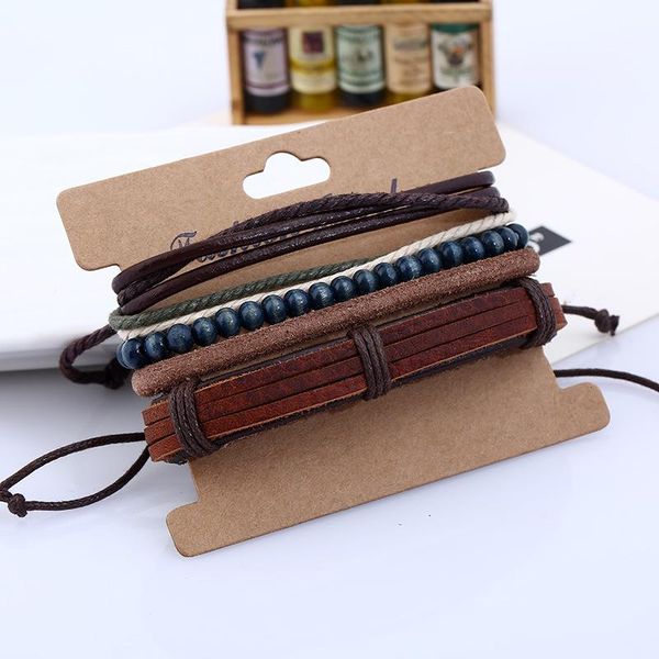 

charm bracelets 4pcs/set punk hippy dark brown wrap leather band knot cross navy blue deep wood bead layers bangles man, Golden;silver