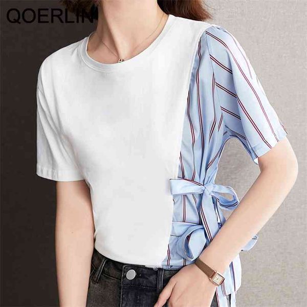

patchwork striped lace-up women t-shirt summer short sleeve white girls students loose casual basic plus size 210601