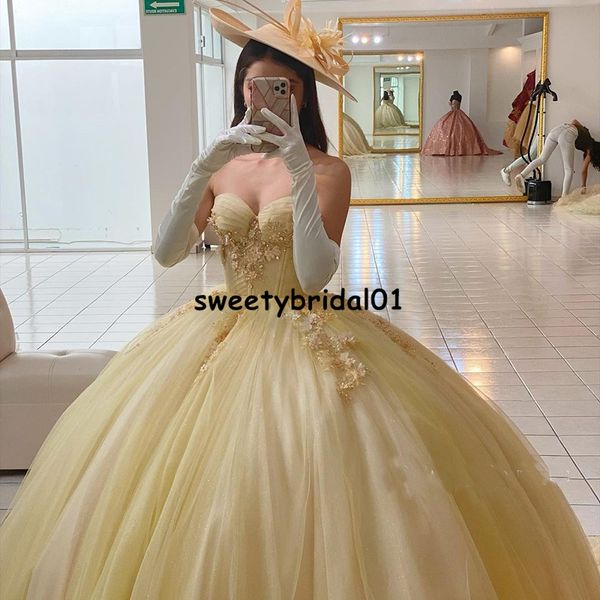 Желтые аппликаторы Милая Quinceanera Платья Ball Clange Formate Prom 2021 Кружева Принцесса Сладкая 15 16 Платье