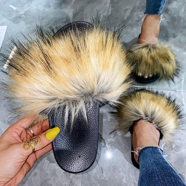 

sandals 2021 women fur slippers winter slides fluffy furry woman flip flops home ladies plush shoes, Black