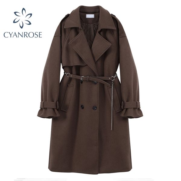 

women fashion with belt loose woolen jacket coat slim vintage long sleeve side pockets female outerwear chic warm overcoat 210430, Black