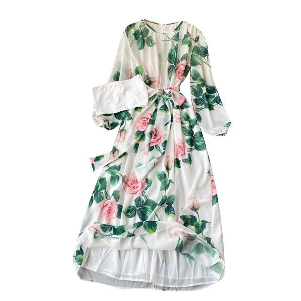 

casual dresses 2021 spring autumn women long sleeve sashes slim dress flowers print elegant party, Black;gray