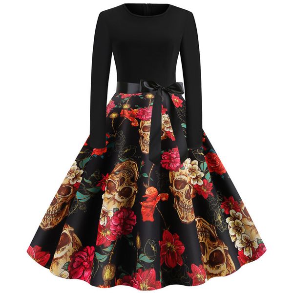 

halloween dress women vintage long sleeve o-neck big swing party printed bow robe vestido 210419, White